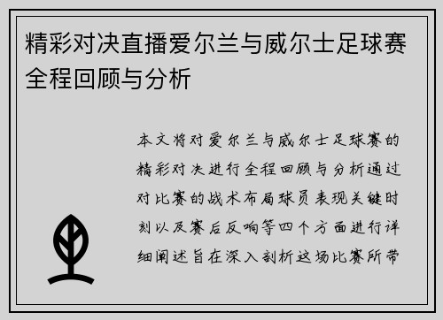 精彩对决直播爱尔兰与威尔士足球赛全程回顾与分析